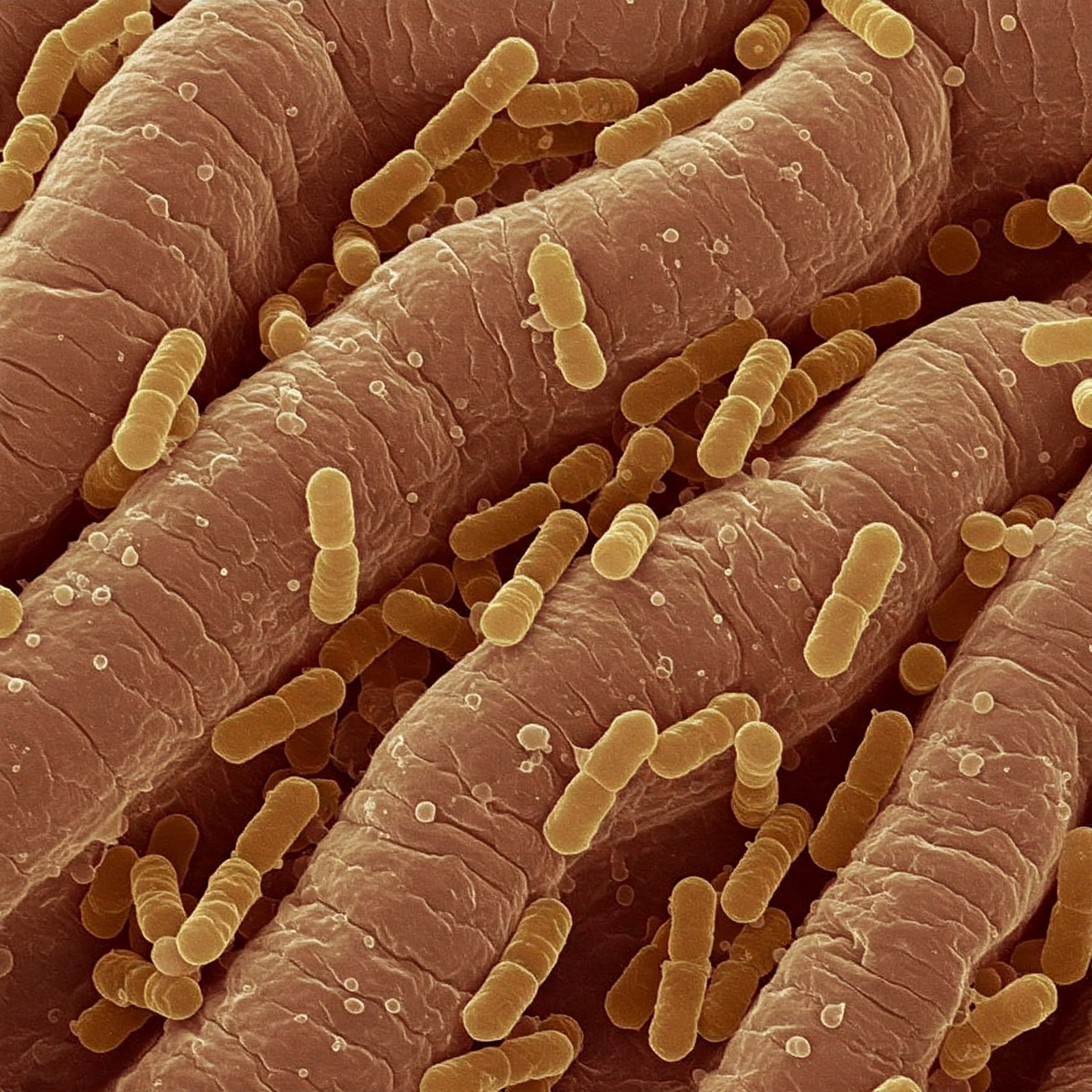 Close-up view of a cluster of bacteria, showcasing their diverse shapes and sizes under a microscope.