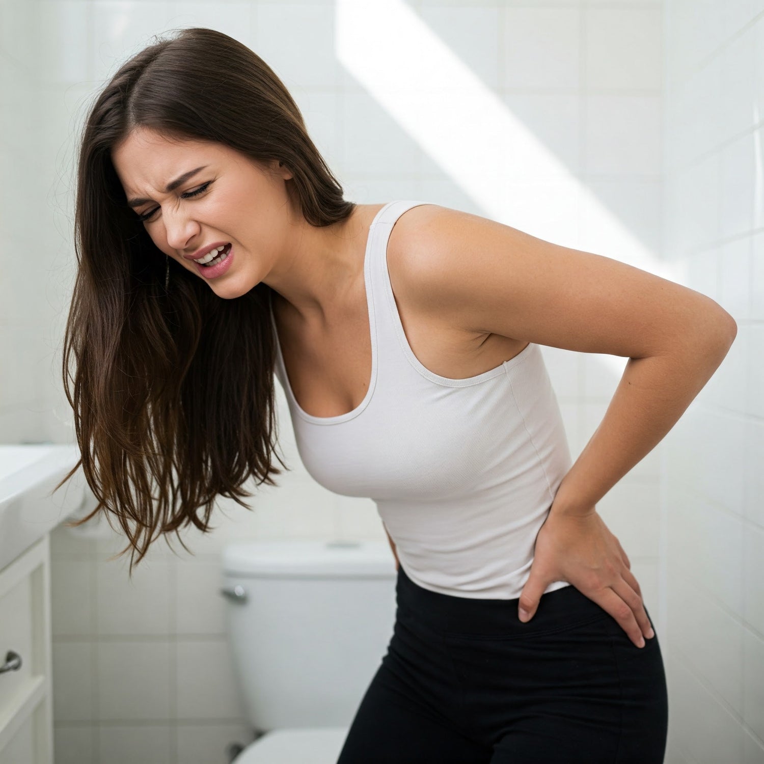 A woman sitting on a toilet, visibly uncomfortable, holding her lower back due to pain.