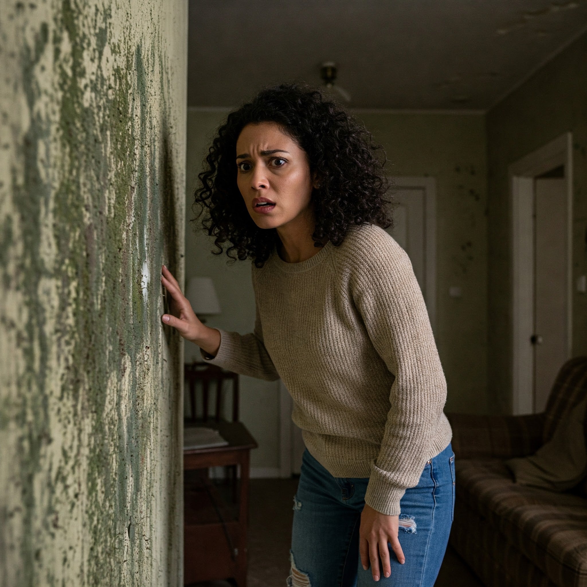A woman stands in a room with a wall visibly covered in dark mold, highlighting a potential health hazard.