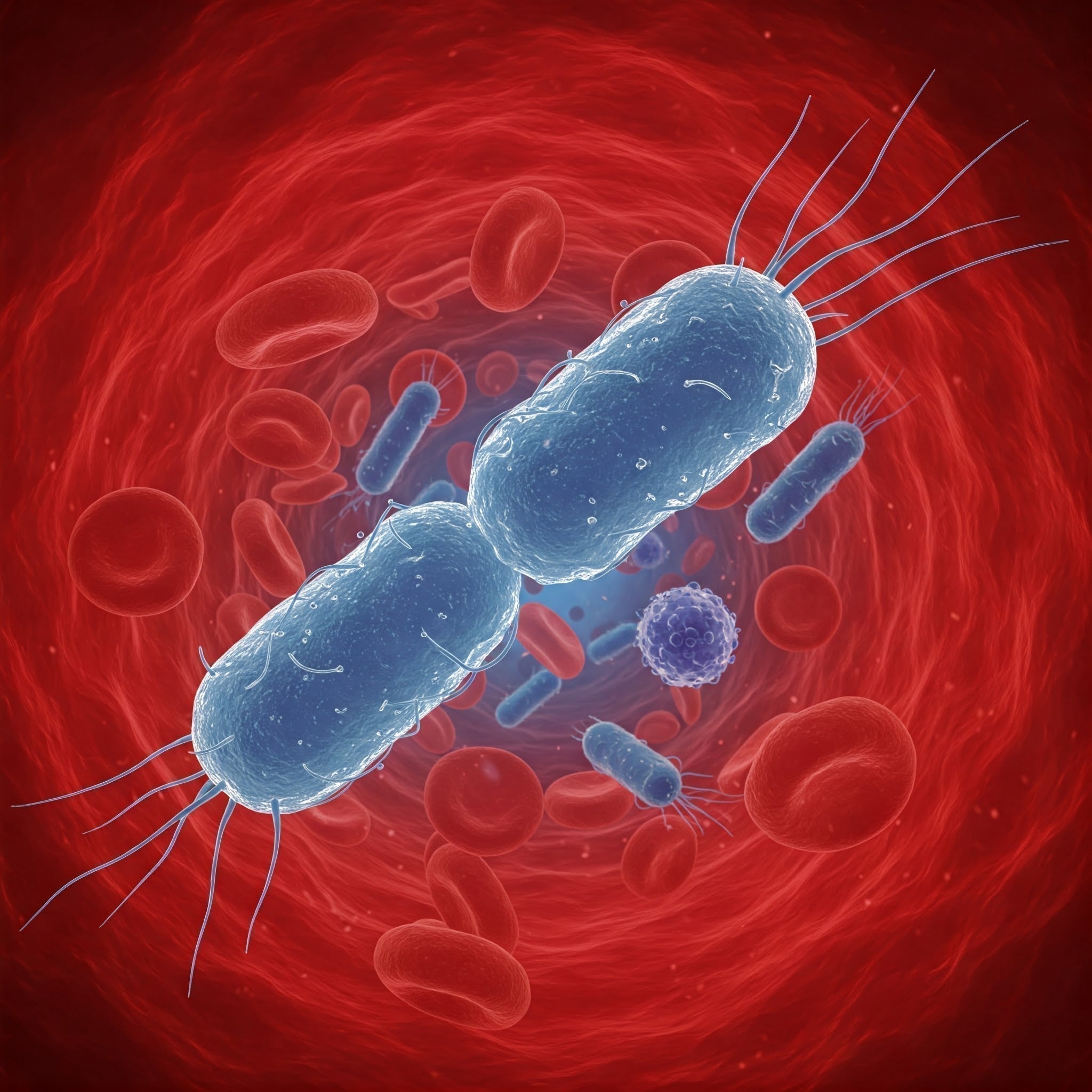 Microscopic view of bacteria alongside red blood cells within a cell, illustrating their interaction and environment.