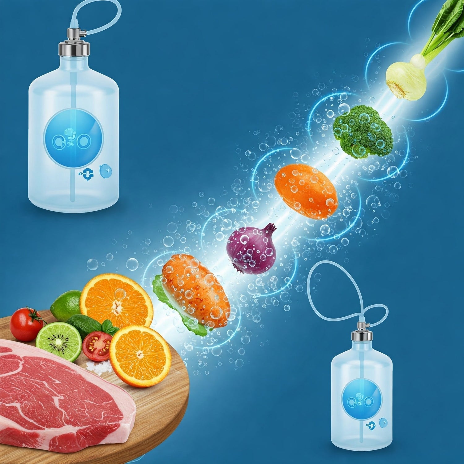 Fresh meat and vegetables are being sprayed with water to enhance freshness and prepare for cooking.