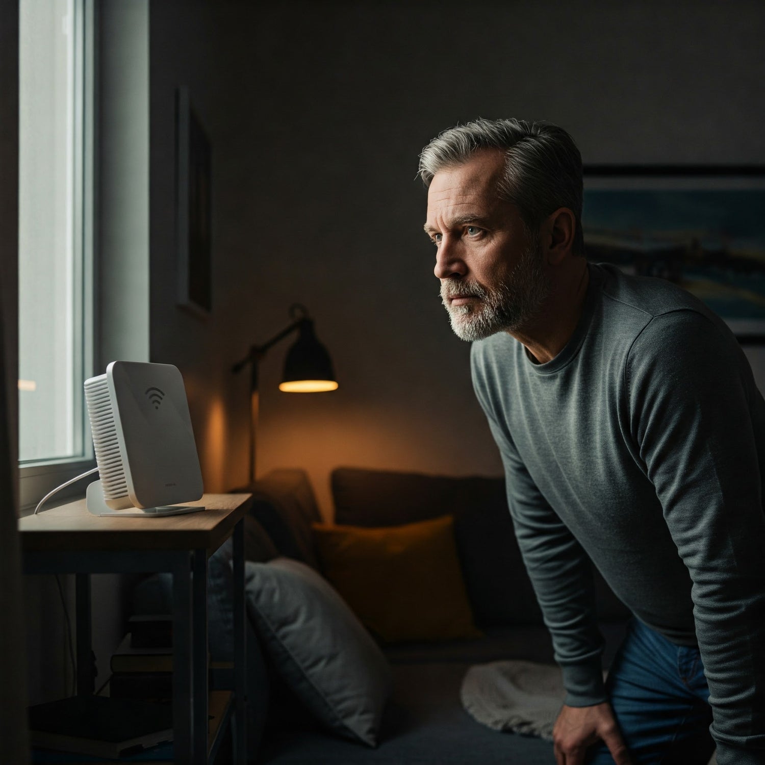 A man is positioned by a window at night, with the city lights faintly illuminating his figure.
