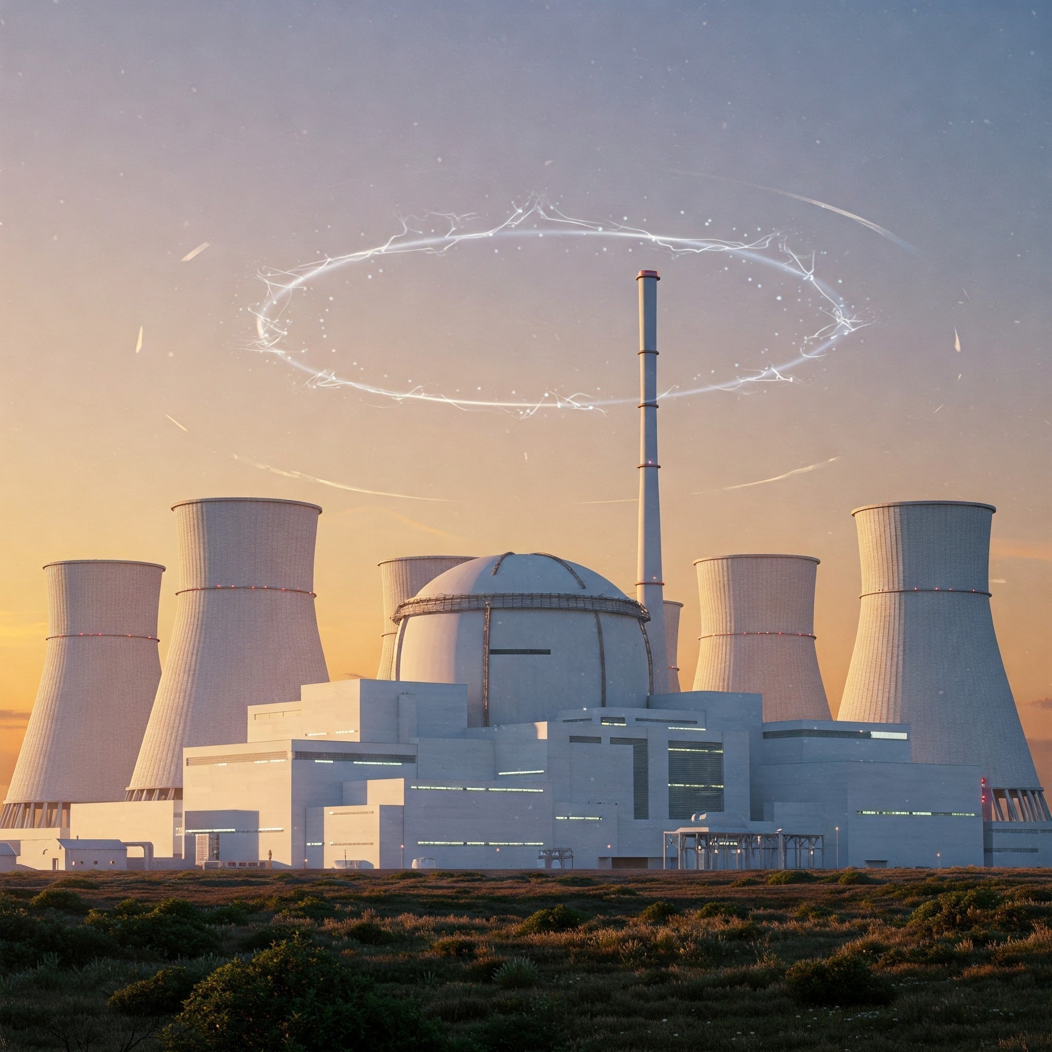 Nuclear power plant featuring cooling towers and a circular design element in the foreground.