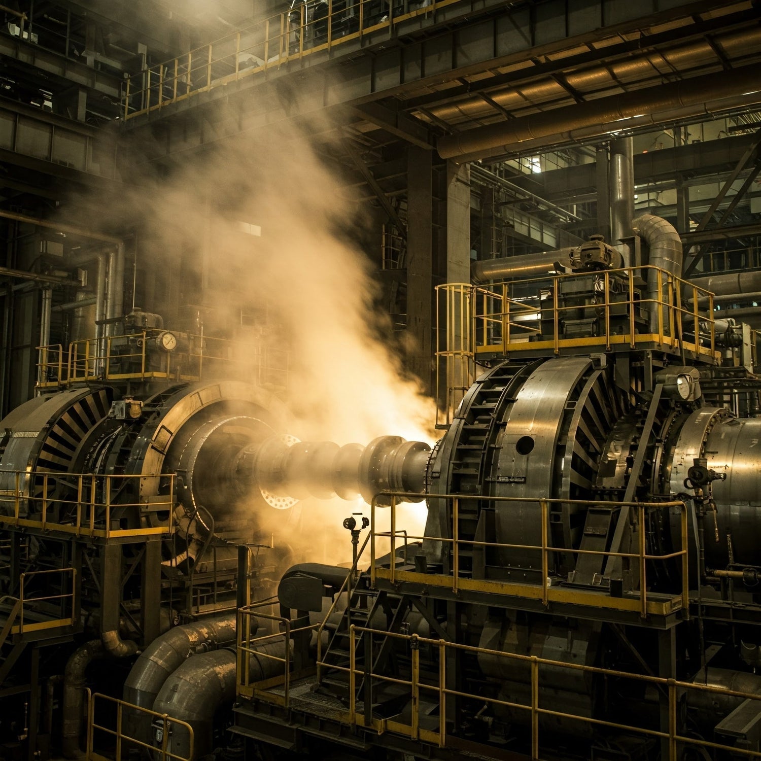 A large industrial machine emits steam, showcasing its functionality and the heat generated during operation.