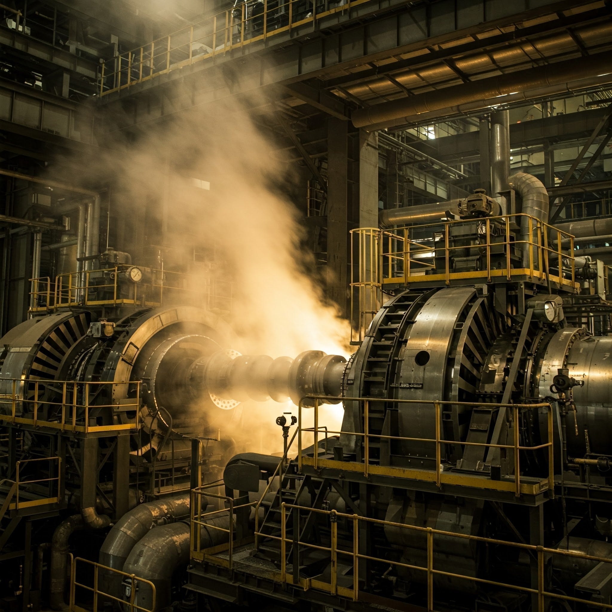 A large industrial machine emits steam, showcasing its functionality and the heat generated during operation.