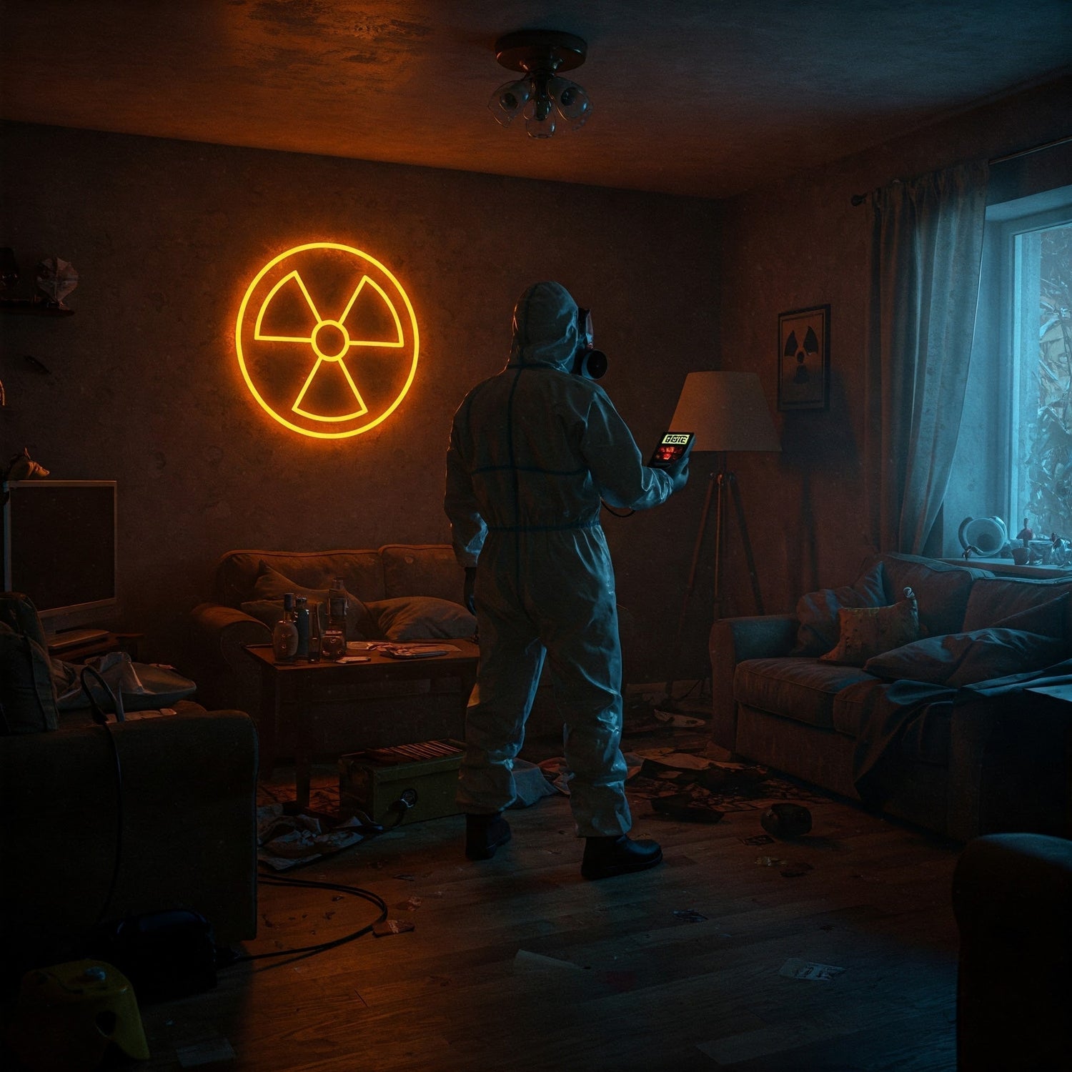 A man in a hazmat suit stands before a nuclear warning sign, emphasizing safety in hazardous environments.