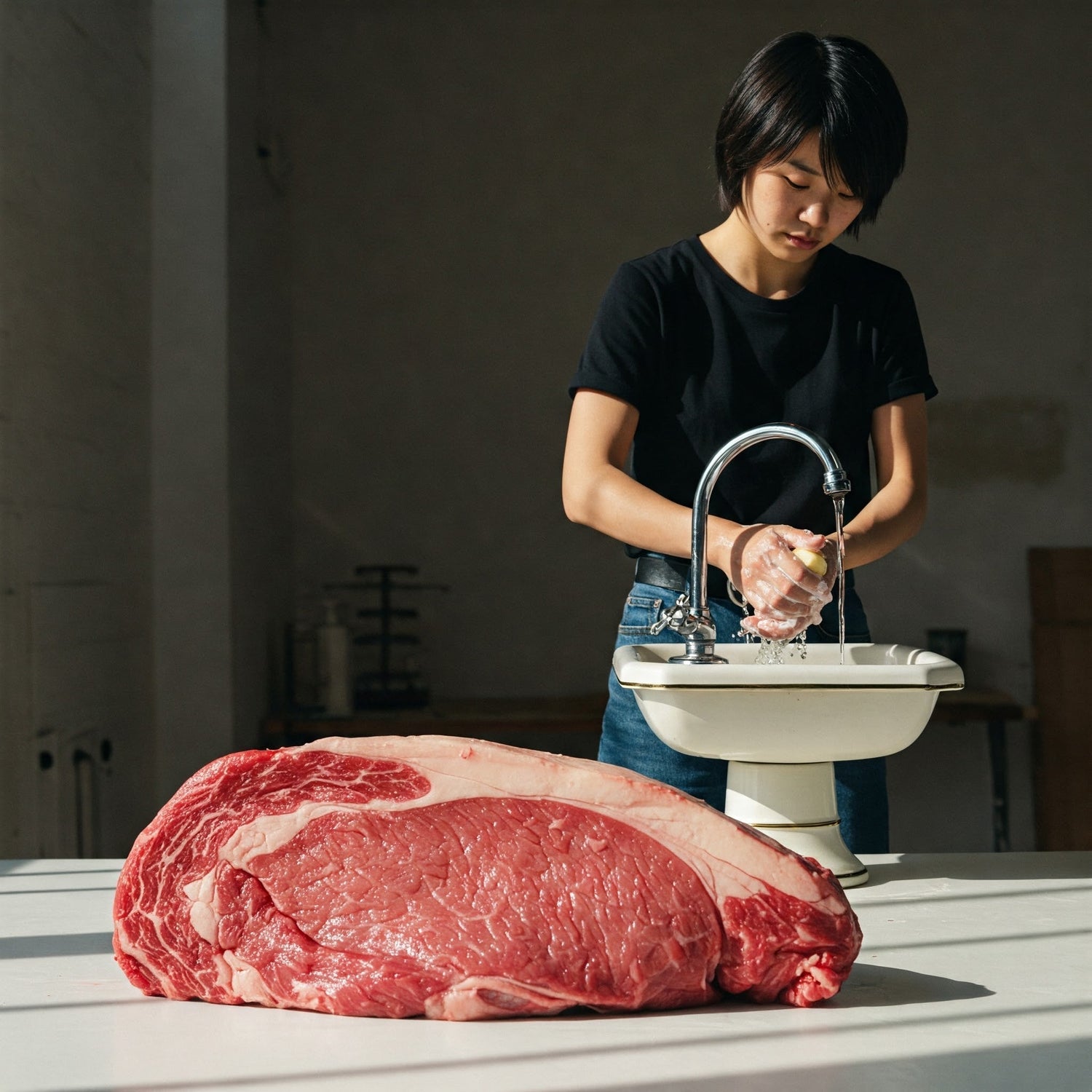 A person washes their hands at a sink while a large raw cut of beef sits on a table in the foreground.