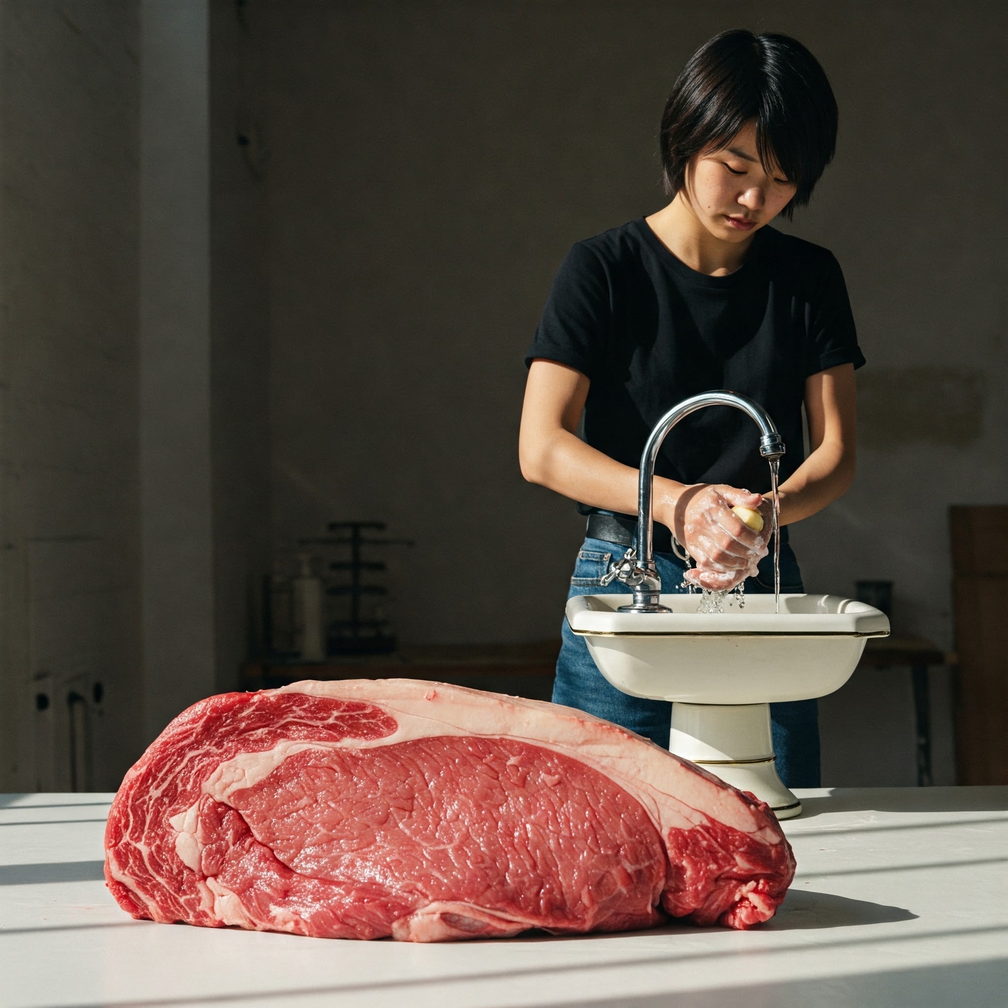 A person washes their hands at a sink while a large raw cut of beef sits on a table in the foreground.