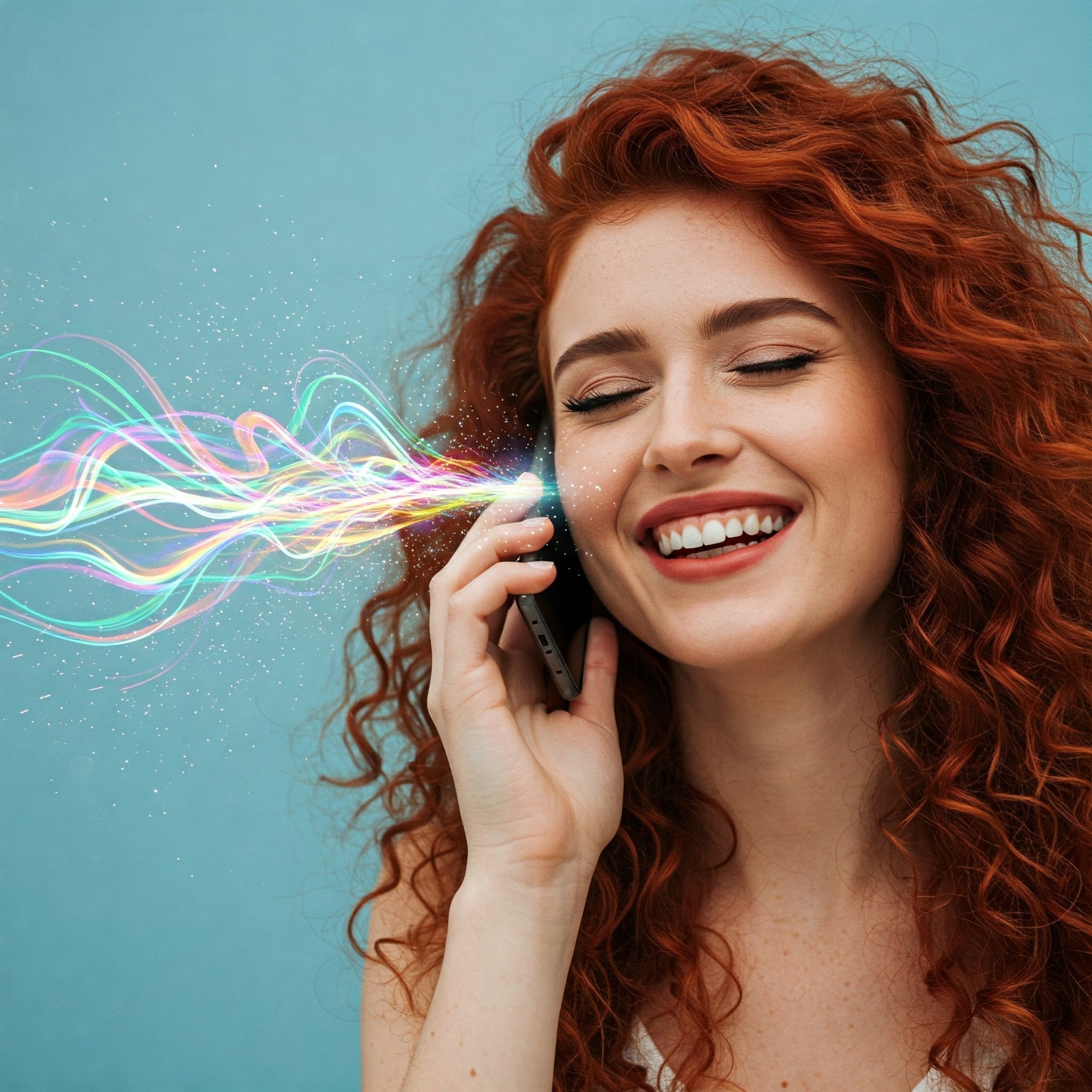 A woman with red hair is engaged in a conversation on her cell phone.