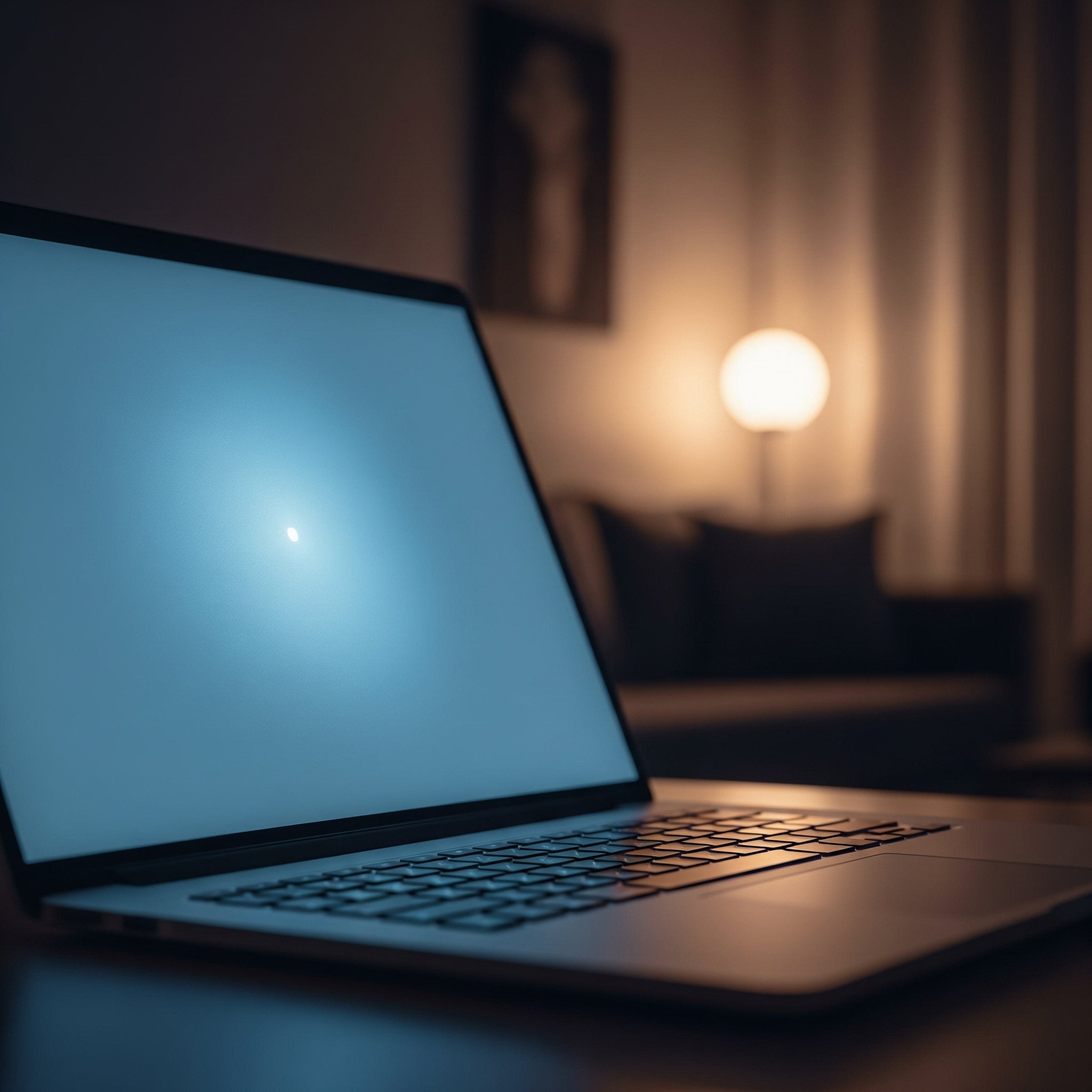 A laptop is illuminated in a dark environment, casting a soft glow that highlights its keyboard and screen.