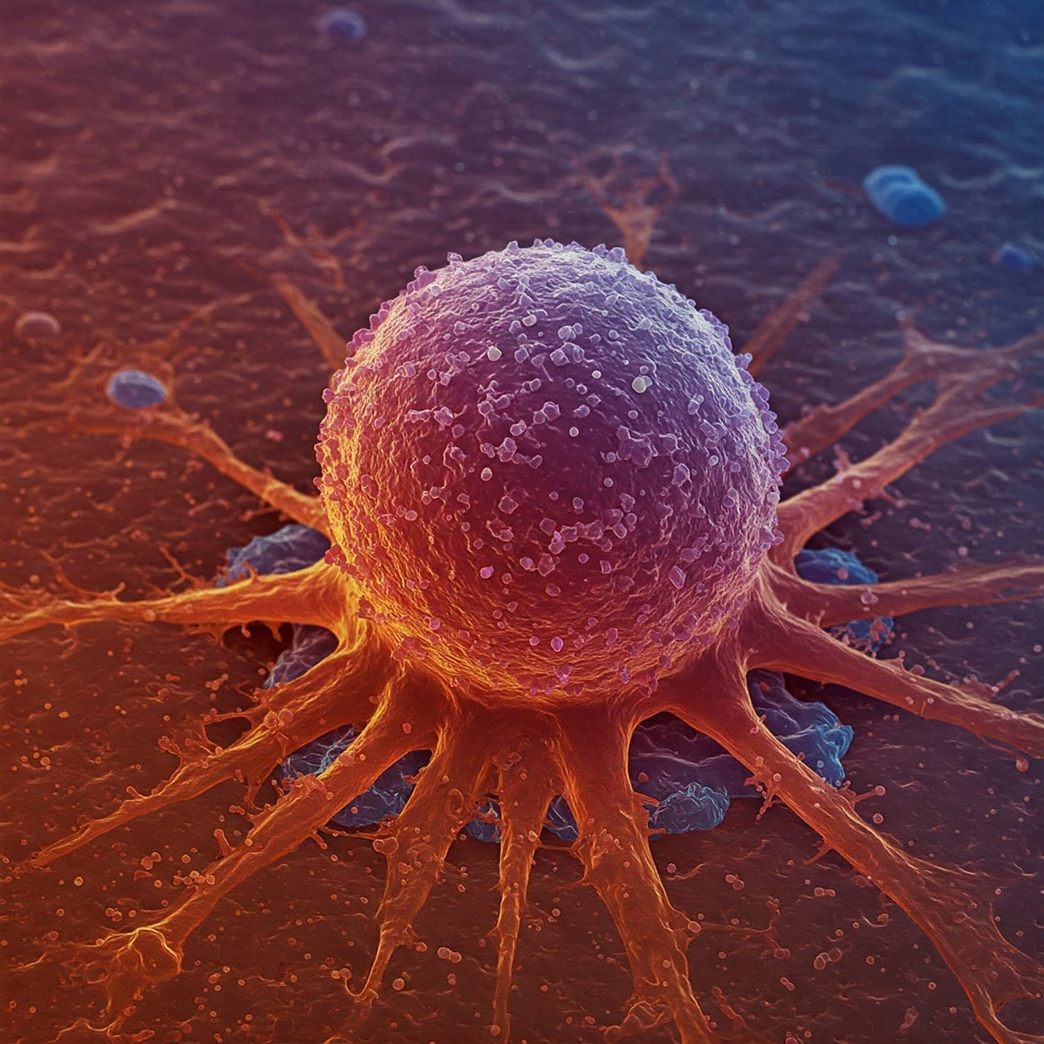 Microscopic view of cancer cells in a cell culture, showcasing their irregular shapes and rapid growth patterns.