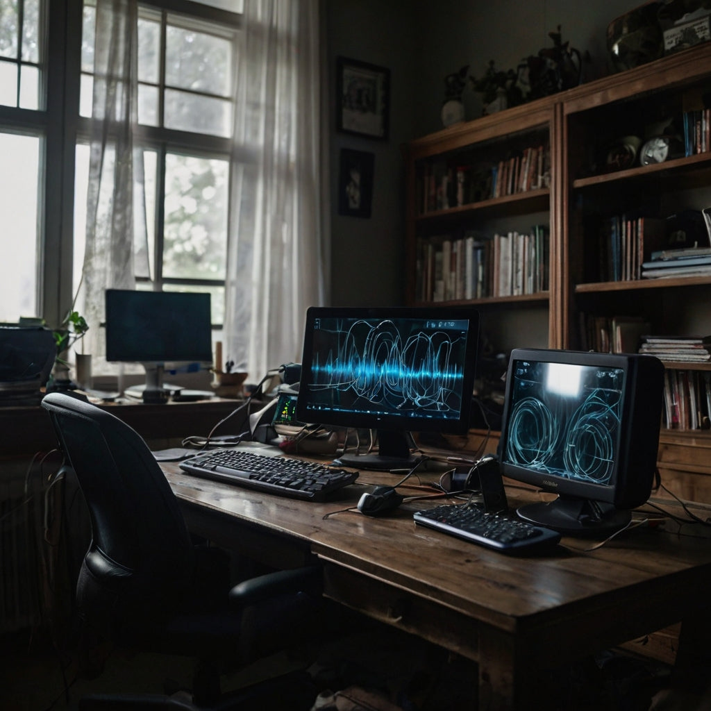 A workspace desk with two computer monitors side by side and a keyboard positioned in front for efficient use.