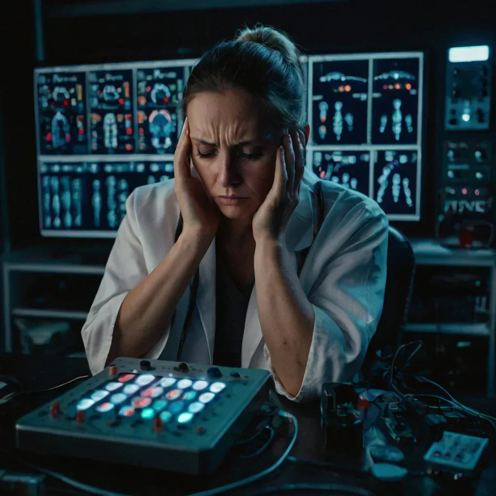 A woman in a lab coat is holding her head, appearing stressed or deep in thought in a laboratory setting.