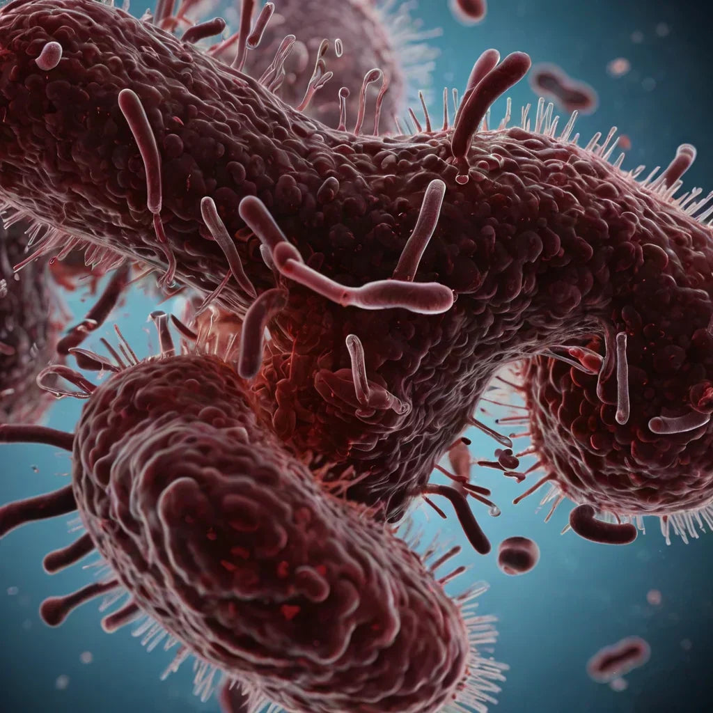 Close-up view of a single bacterium, showcasing its shape and surface texture under a microscope.