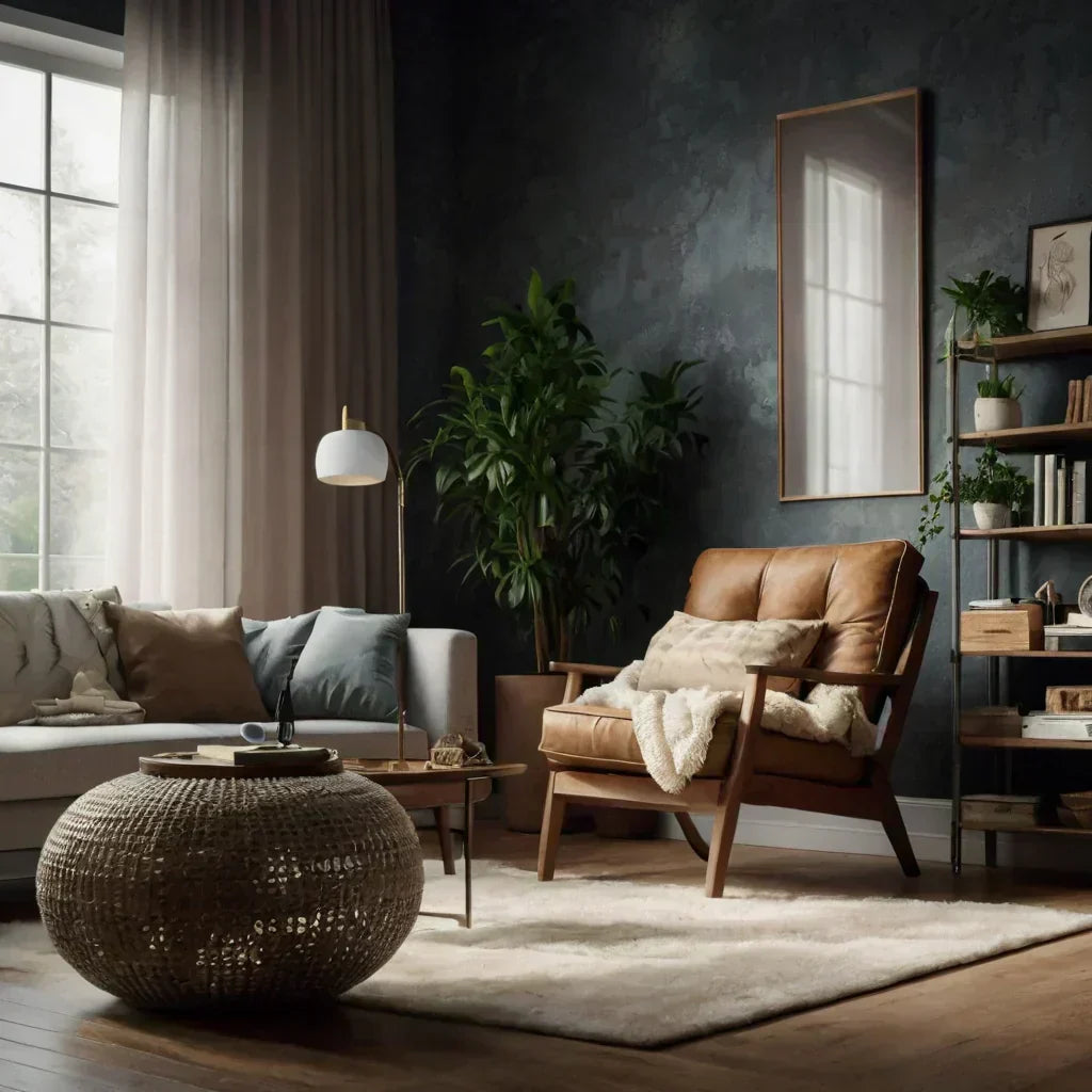 A modern living room with dark walls and a sleek leather chair, offering a sophisticated and comfortable space.