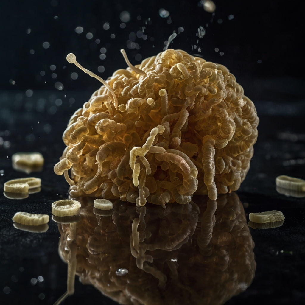 A detailed view of a mushroom as water splashes onto it, emphasizing its natural beauty and vibrant colors.