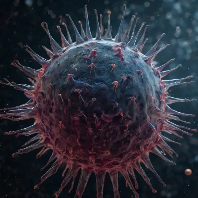 A detailed illustration of a virus, showcasing its structure and features against a plain background.