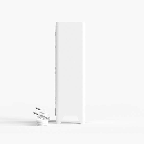 Air purifier side view: a modern device with a minimalist design and integrated controls.