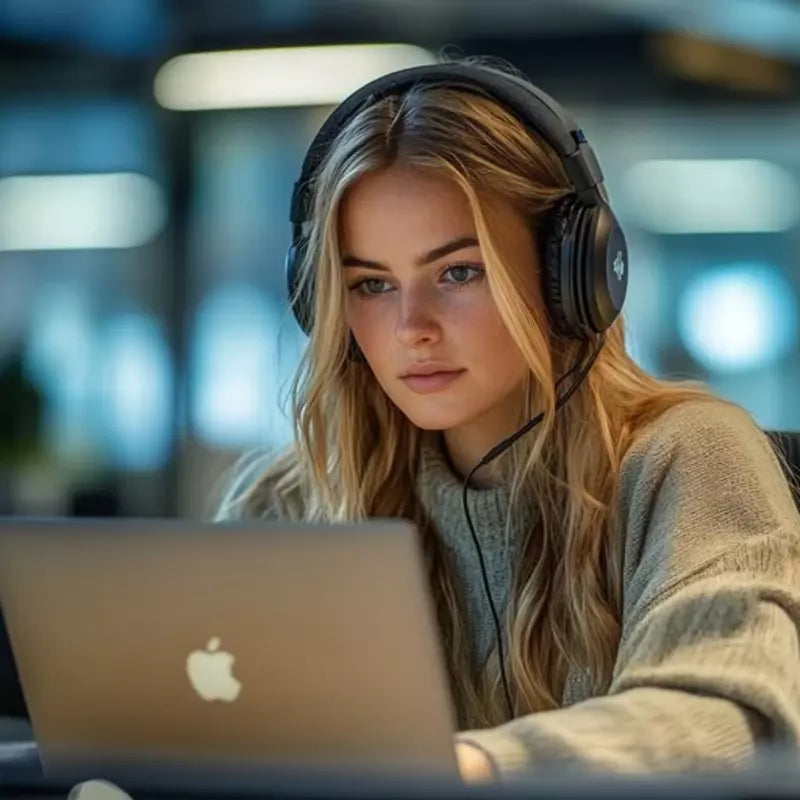 girl working with laptop and earphones