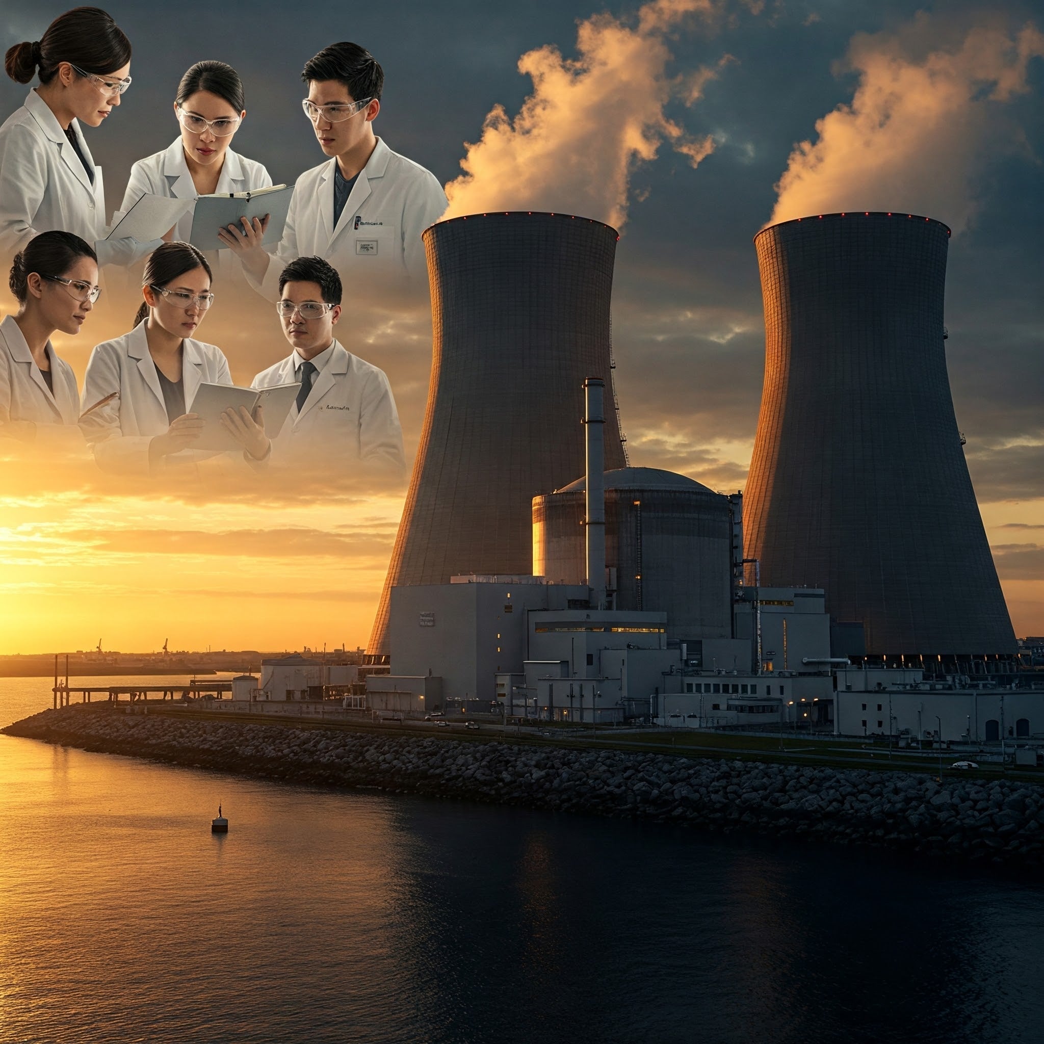 A collage of diverse individuals in lab coats posing in front of a nuclear power plant, showcasing teamwork in energy research.