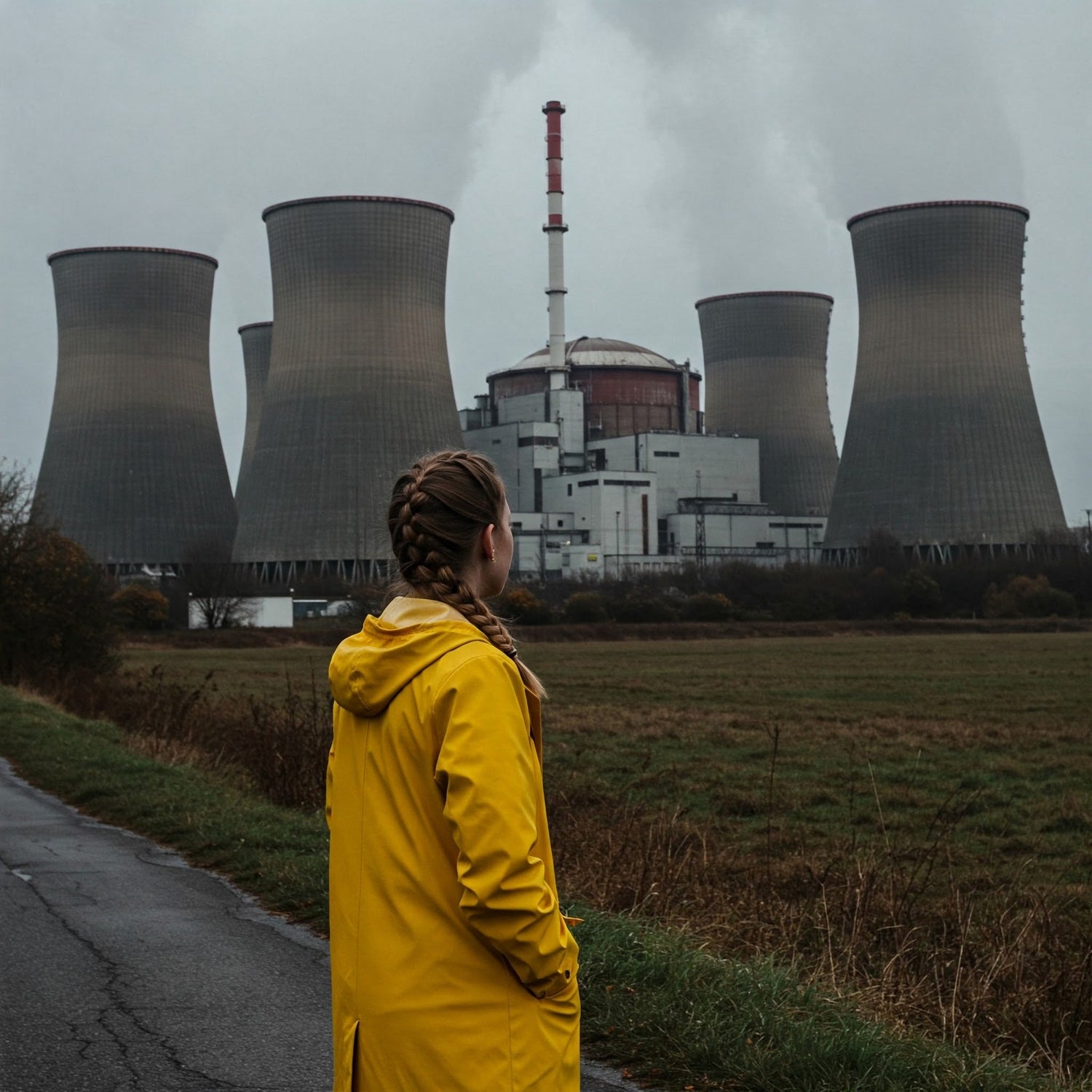 A woman in a yellow raincoat stands before a nuclear power plant, highlighting the contrast between nature and industry.