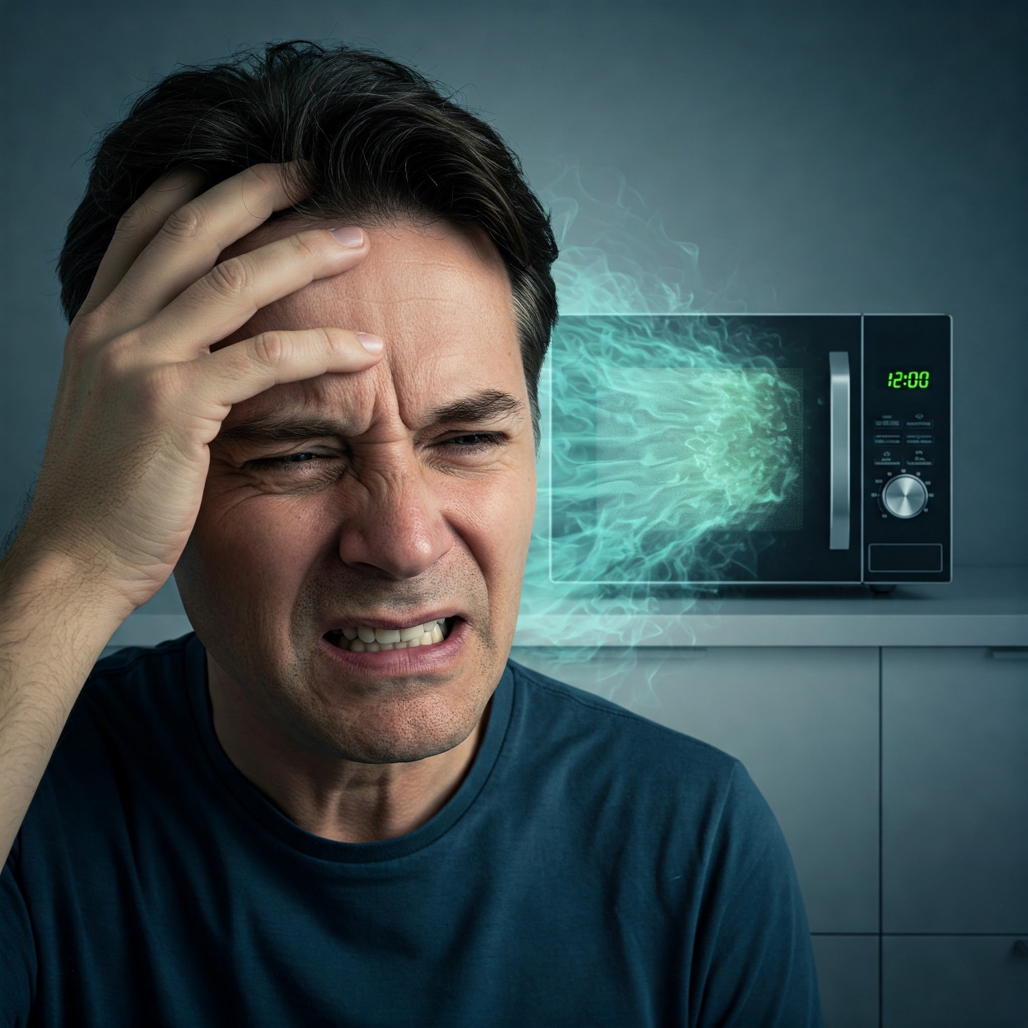A man is seen holding his head, looking overwhelmed in front of a microwave.