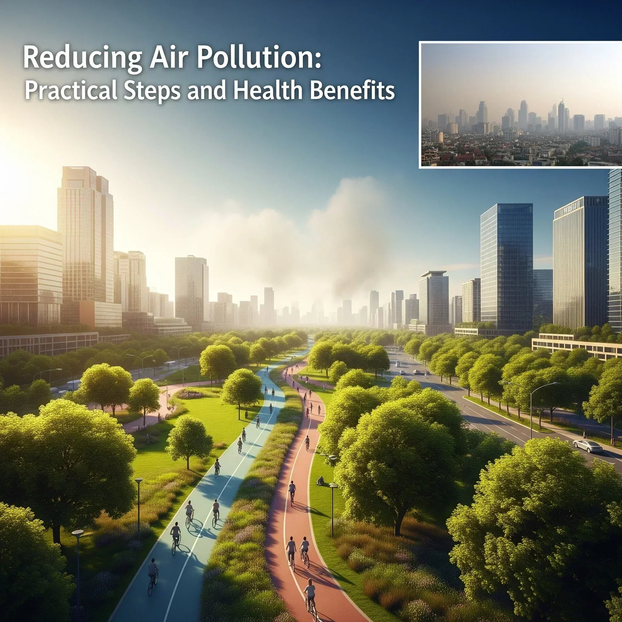 Infographic illustrating practical steps to reduce air pollution and their associated health benefits.