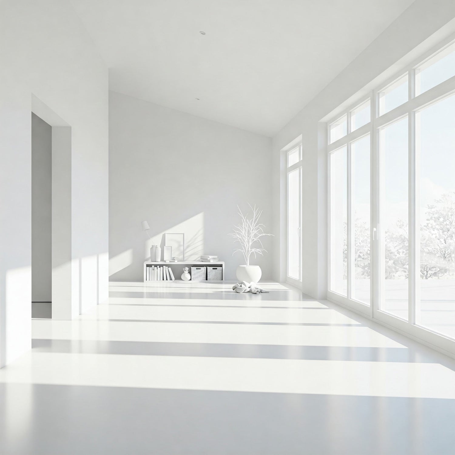 Bright white room featuring large windows and a seamless white floor, creating an open and airy atmosphere.