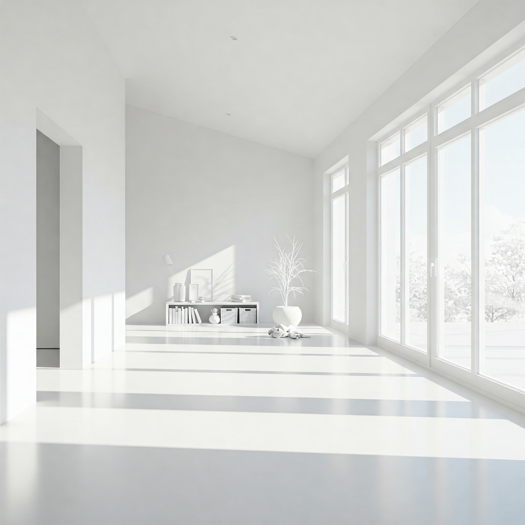 Bright white room featuring large windows and a seamless white floor, creating an open and airy atmosphere.