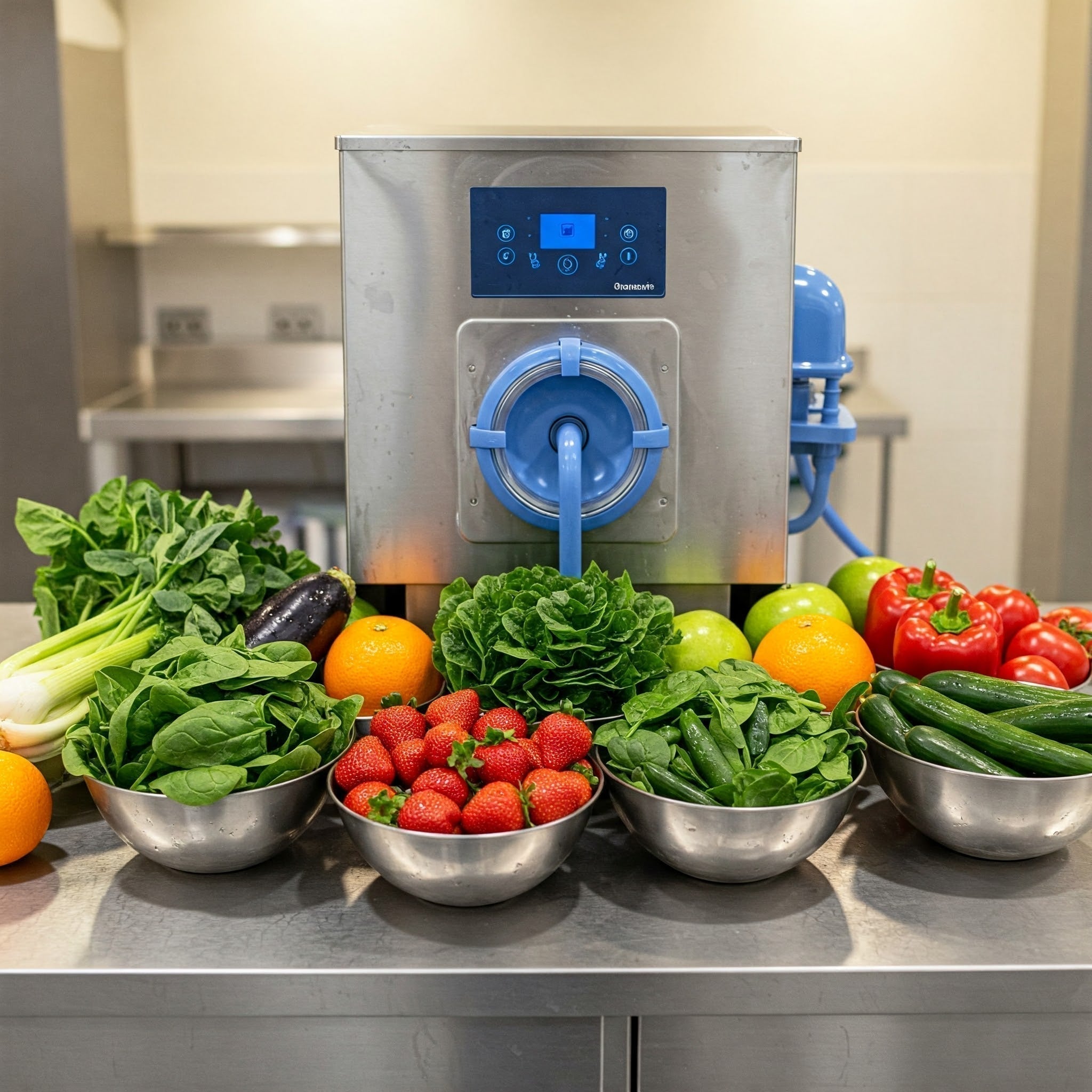A kitchen device and a bowl containing various fresh vegetables.