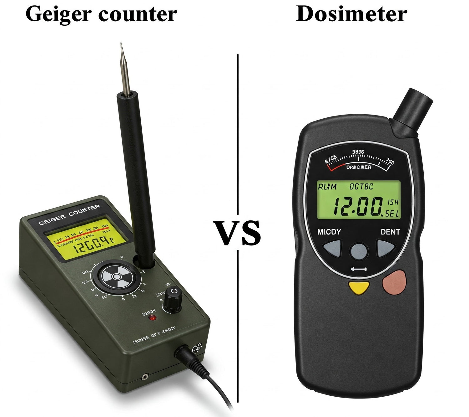 Comparison of a geiger counter and a dosimeter, highlighting their features and functionalities side by side.