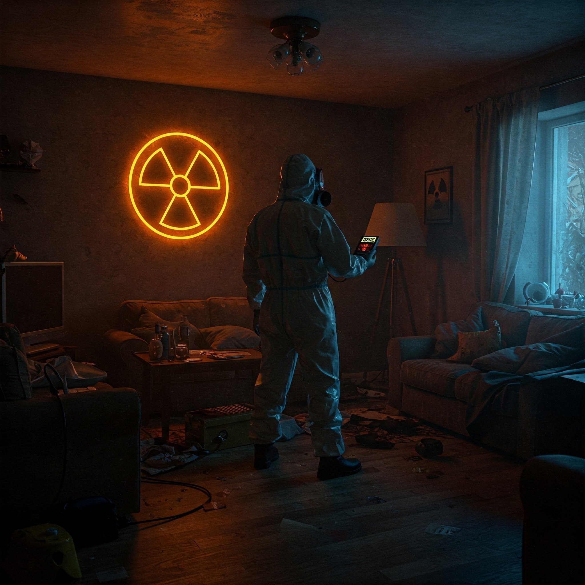A man in a hazmat suit stands before a nuclear warning sign, emphasizing safety in hazardous environments.