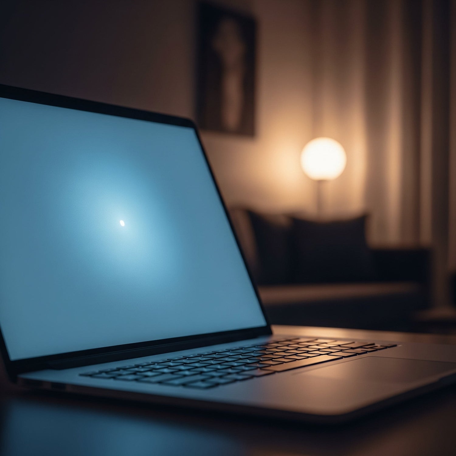 A laptop is illuminated in a dark environment, casting a soft glow that highlights its keyboard and screen.