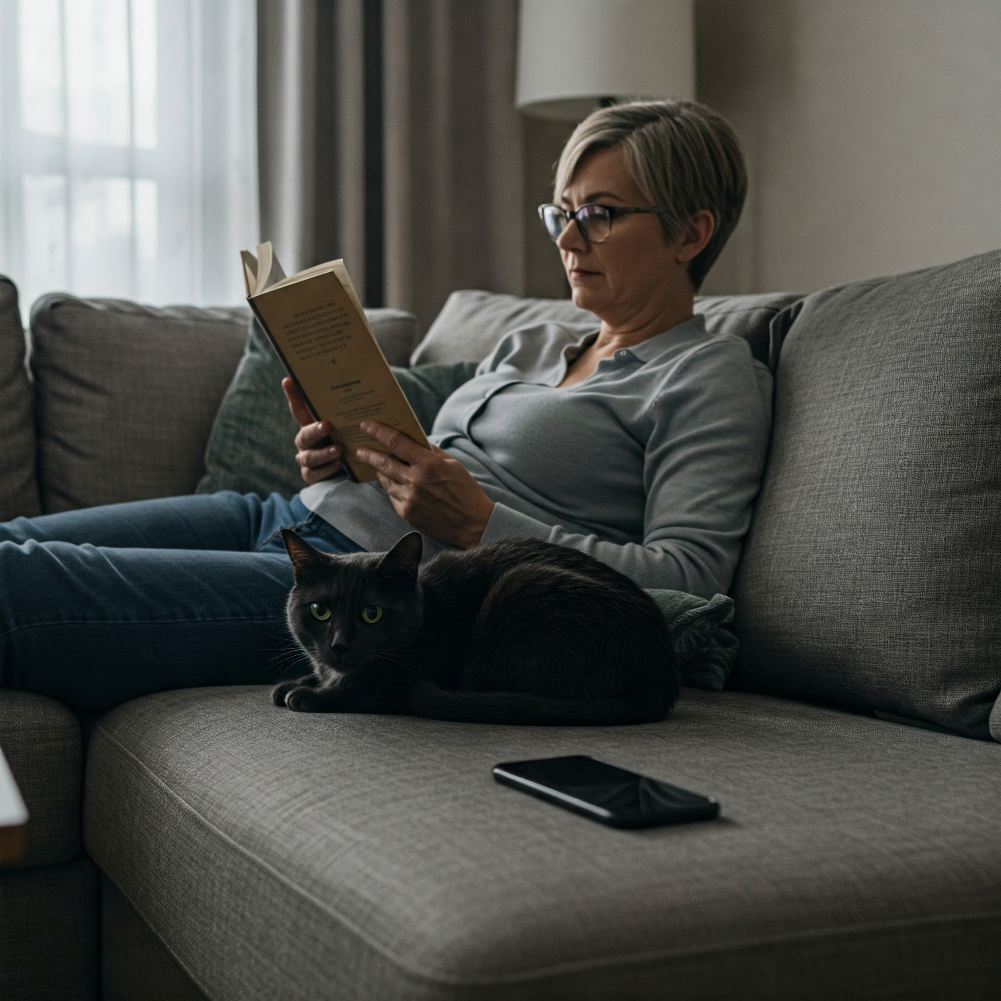 Woman reading a book on a couch with a cat curled up beside her, creating a cozy indoor scene.