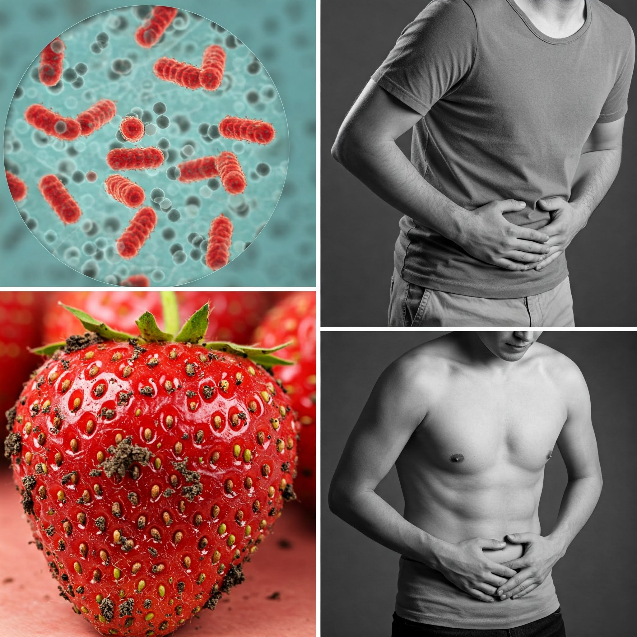 Four images show a man holding a strawberry, alongside bacteria and another strawberry, illustrating a scientific concept.