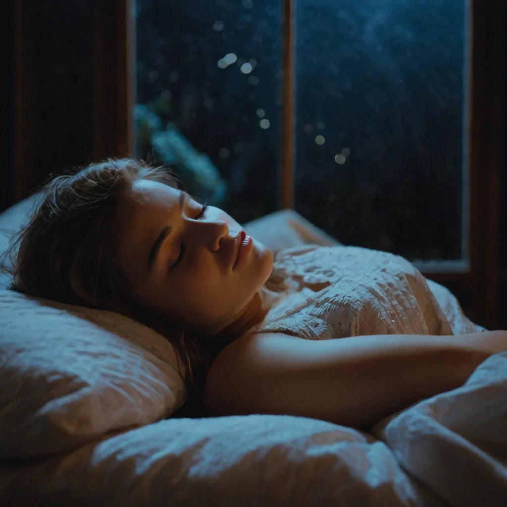 A woman peacefully sleeping in bed at night.