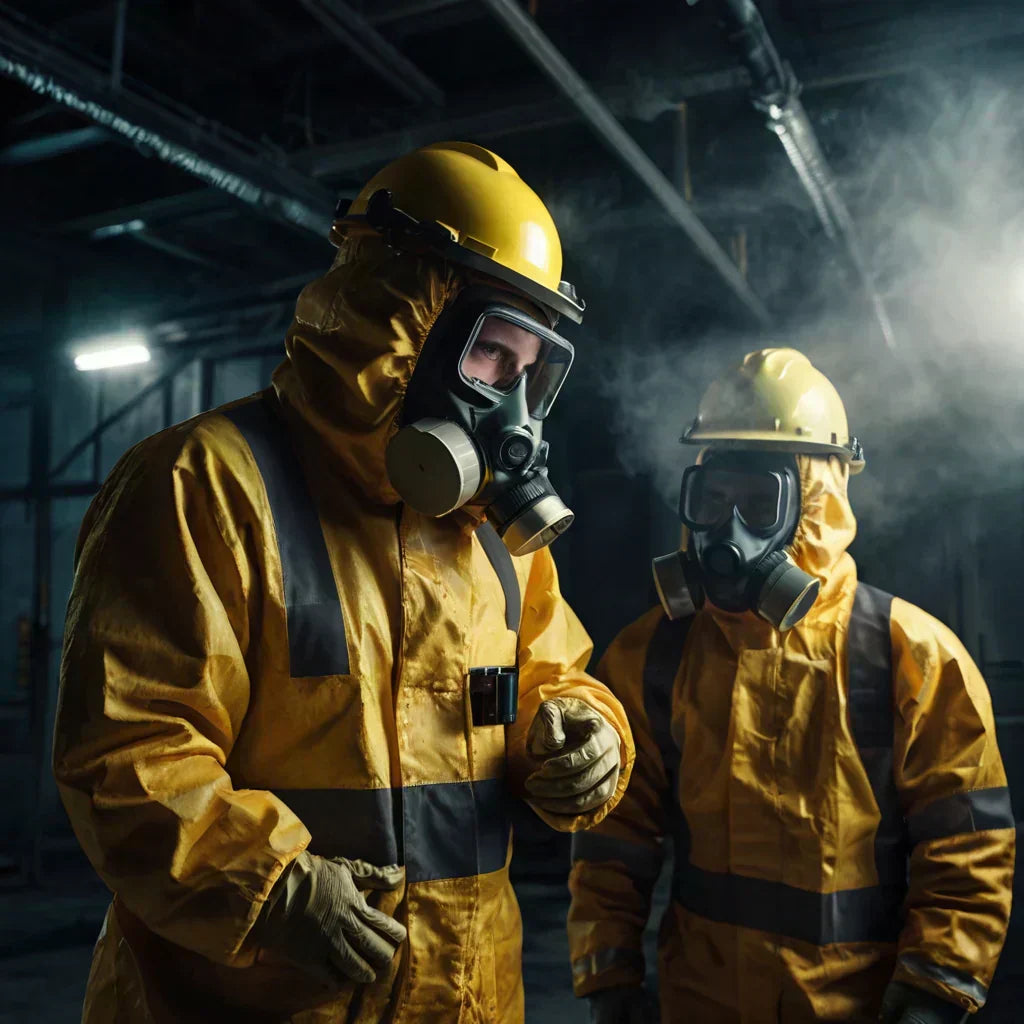 Two men wearing yellow protective suits and gas masks stand side by side.