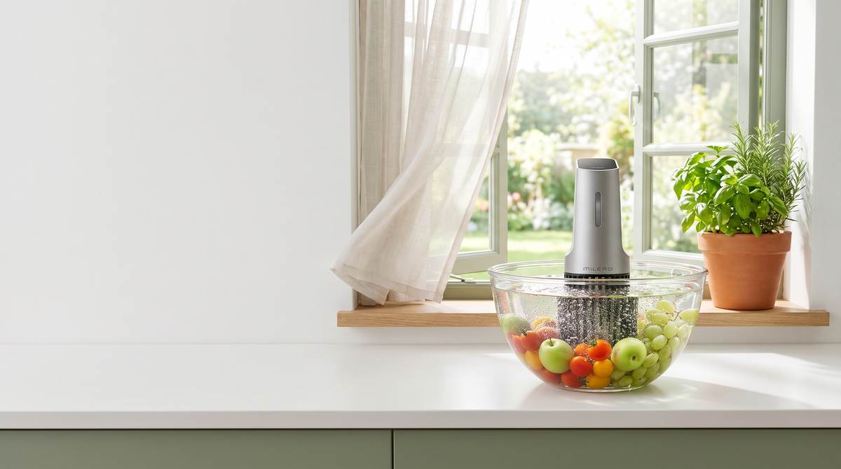 Milerd Detoxer in a glass bowl of water with tomatoes, apples and grapes next to an open kitchen window